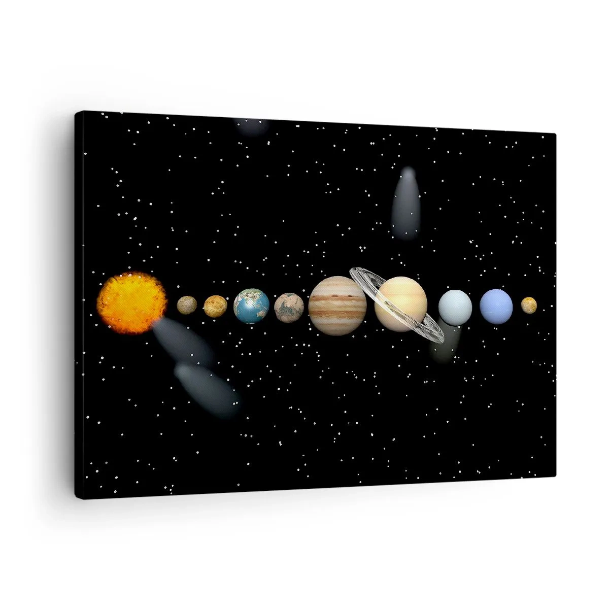 Tablou pe pânză Canvas - Sistemul solar cu planete pe fundalul stelelor în spațiu - 70x50cm - Și planetele o iau razna, o iau razna... - Decorațiune modernă pentru perete pentru living și dormitor ARTTOR