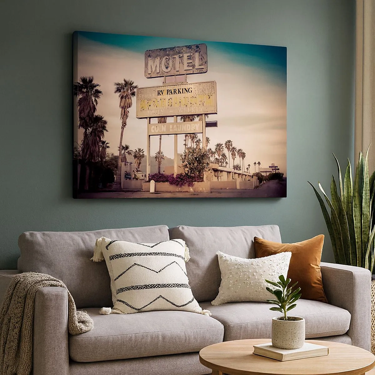 Tablou pe pânză Canvas - Semn retro de motel înconjurat de palmieri - 70x50cm - Timpul s-a oprit aici - Decorațiune modernă pentru perete pentru living și dormitor ARTTOR