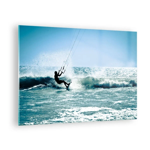 Tablou pe sticlă - Kitesurfer pe valurile oceanului într-o zi însorită - 70x50cm - Lasă-te dus de val - Decorațiune modernă pentru perete pentru living și dormitor ARTTOR