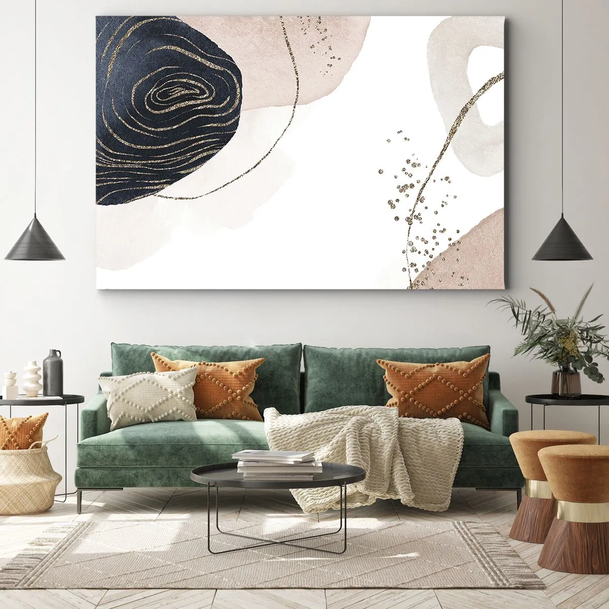 Tablou pe pânză Canvas - Forme abstracte în nuanțe de bej și bleumarin cu detalii aurii - 70x50cm - Totul curge - Decorațiune modernă pentru perete pentru living și dormitor ARTTOR