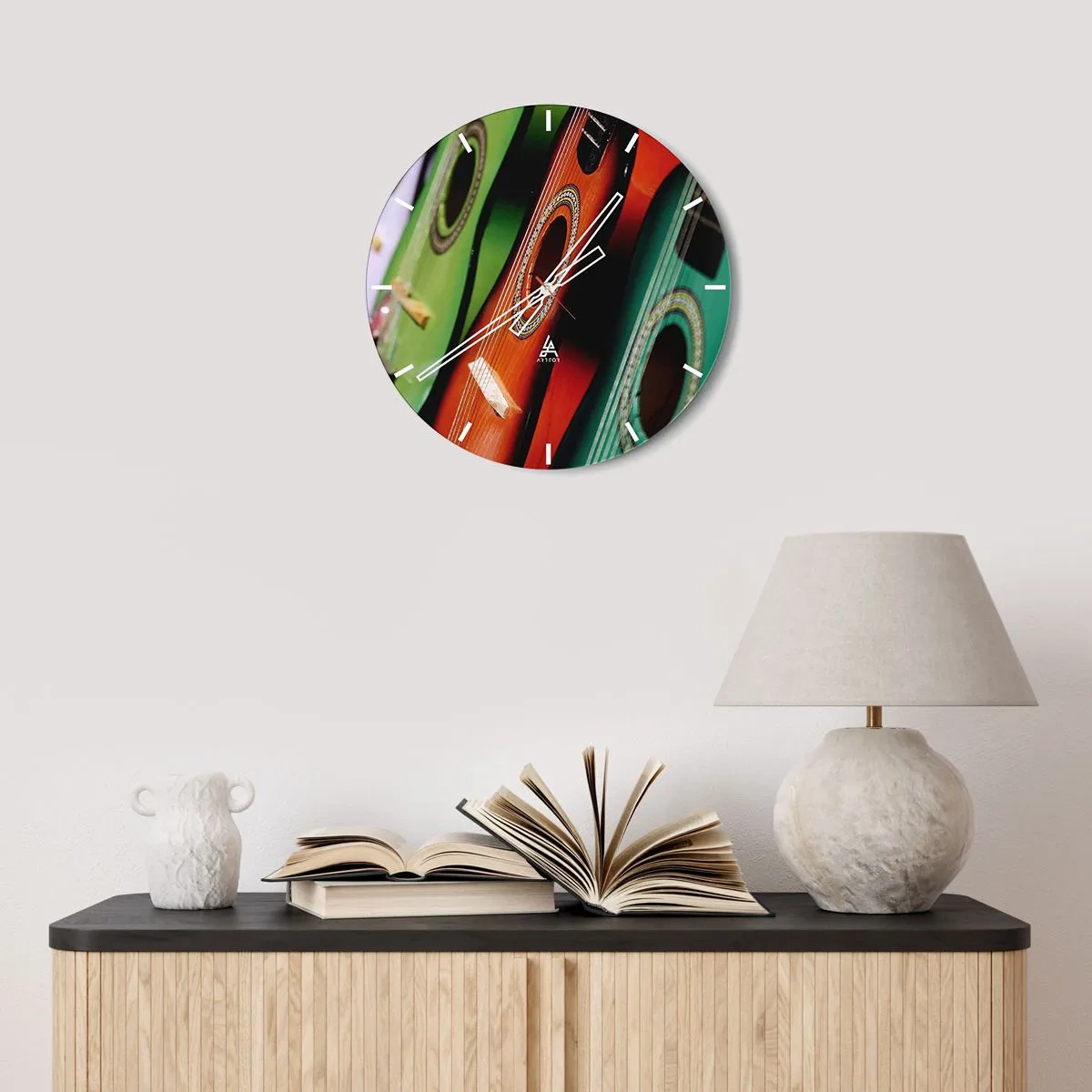 Ceas de perete - Ceas pe sticlă - Chitara are multe culori - 30x30 cm