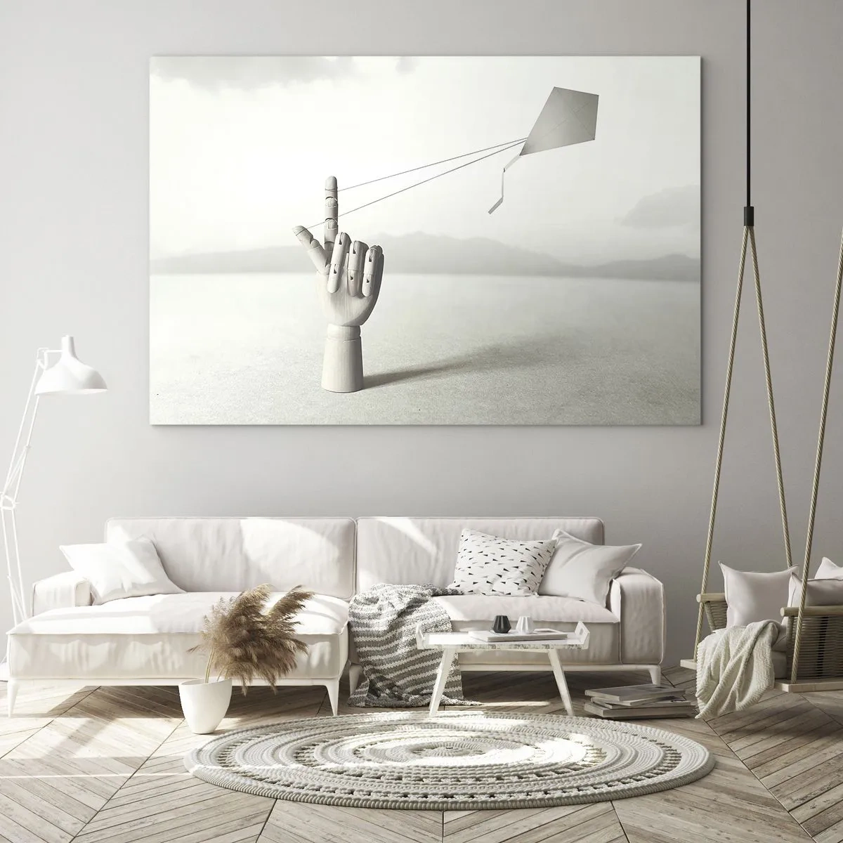 Tablou pe sticlă - O mână de lemn care ține pe deget un zmeu plutitor - 70x50cm - Încercare de forță - Decorațiune modernă pentru perete pentru living și dormitor ARTTOR