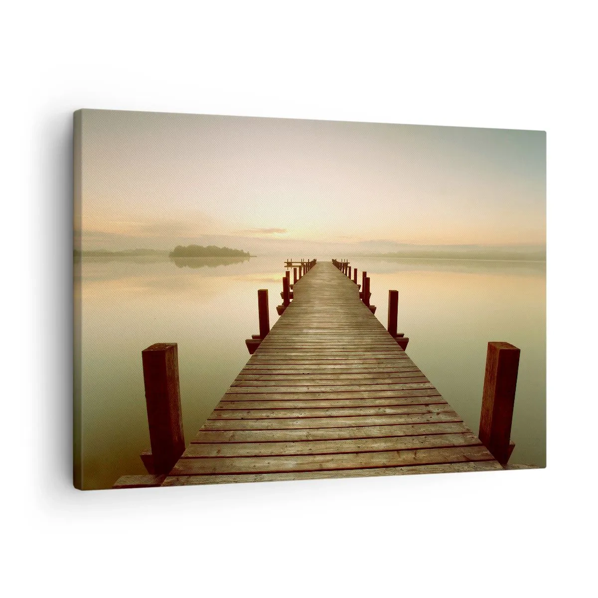 Tablou pe pânză Canvas - Un debarcader de lemn pe un lac liniștit dimineața - 70x50cm - Înainte de răsărit, zori, lumină - Decorațiune modernă pentru perete pentru living și dormitor ARTTOR
