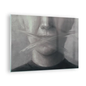 Tablou pe sticlă - Portretul unei persoane cu buze pătate în nuanțe de gri - 70x50cm - Nici un cuvânt - Decorațiune modernă pentru perete pentru living și dormitor ARTTOR