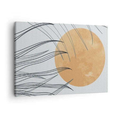Tablou pe pânză Canvas - Fire abstracte de iarbă pe fundalul unui soare portocaliu mare - 70x50cm - Întotdeauna spre soare - Decorațiune modernă pentru perete pentru living și dormitor ARTTOR