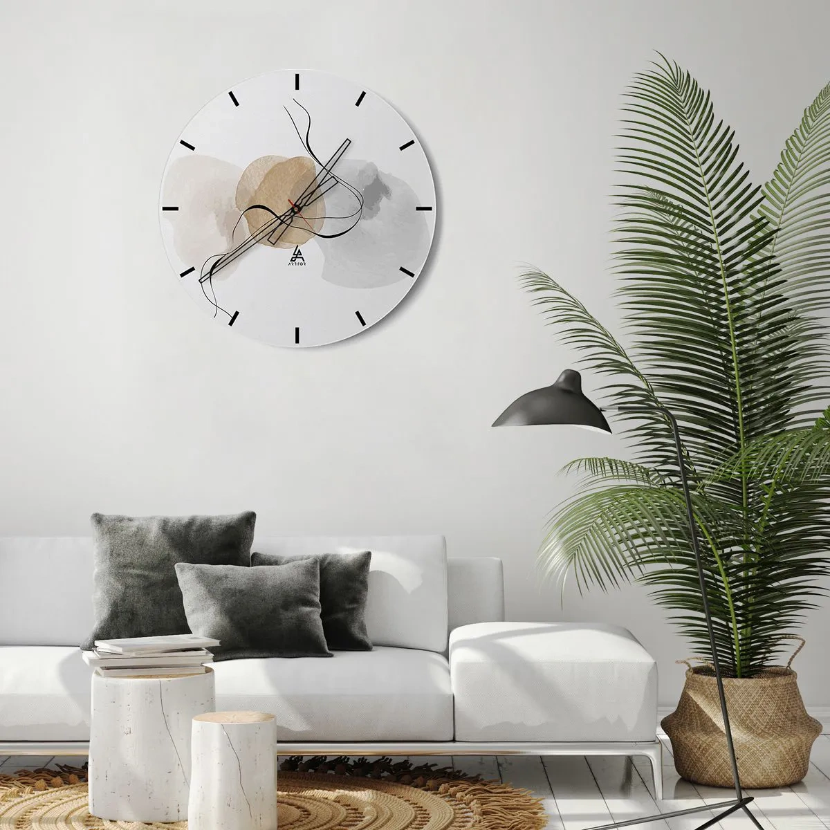 Ceas de perete - Ceas pe sticlă - Pete pastelate abstracte și linii negre pe fundal alb - 30x30cm - Mărgele de aer - Decorațiune modernă pentru perete pentru living, bucătărie și dormitor ARTTOR
