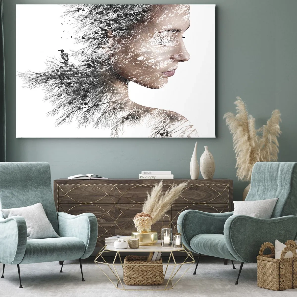 Tablou pe pânză Canvas - Silueta unei femei cu un motiv de ramură și pasăre în fundal - 70x50cm - Spiritul pădurii - Decorațiune modernă pentru perete pentru living și dormitor ARTTOR