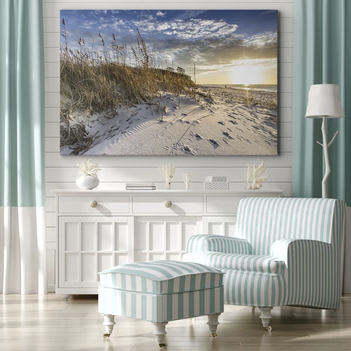 Tablou pe pânză Canvas - Dune cu iarbă și urme de pași în nisip la apus - 70x50cm - Invitație la o plimbare - Decorațiune modernă pentru perete pentru living și dormitor ARTTOR