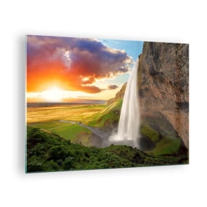 Tablou pe sticlă - Cascadă islandeză în razele soarelui apus - 70x50cm - Vara plină de Islanda - Decorațiune modernă pentru perete pentru living și dormitor ARTTOR