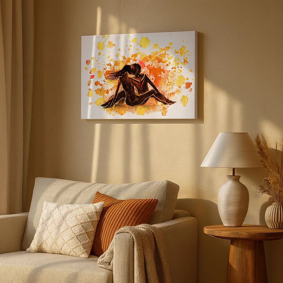 Tablou pe pânză Canvas - O pictură romantică în acuarelă reprezentând două persoane în culori calde. - 70x50cm - Şi a fost lumină - Decorațiune modernă pentru perete pentru living și dormitor ARTTOR