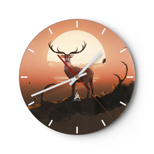 Ceas de perete - Ceas pe sticlă - Silueta unui cerb pe fondul apusului de soare - 30x30cm - Această noapte este diferită de oricare alta - Decorațiune modernă pentru perete pentru living, bucătărie și dormitor ARTTOR