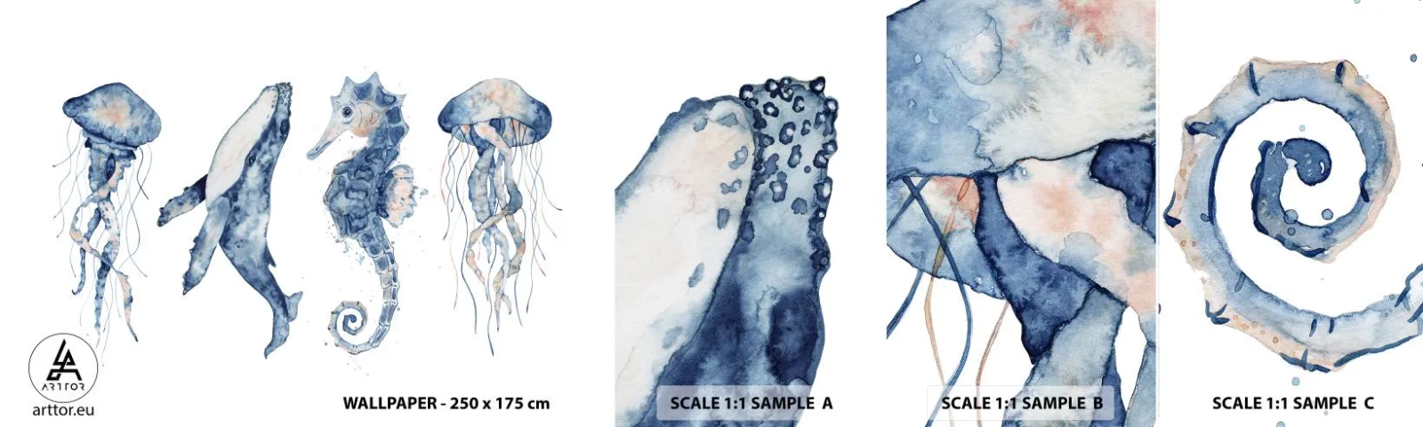 Mostră de Tapet Standard Eco - Fauna marină sălbatică - Animale marine, calut de mare, meduze - 100x30 cm