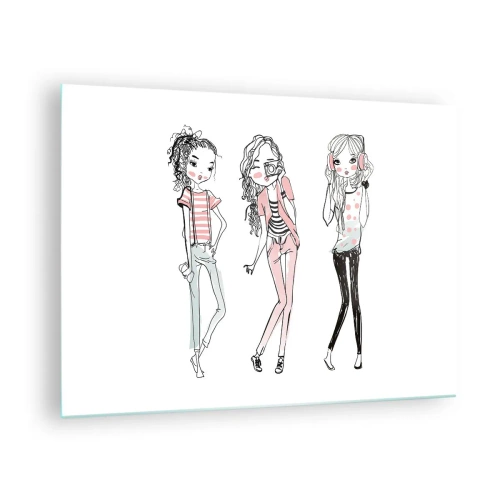 Tablou pe sticlă - Trei fete elegante în culori pastelate - 70x50cm - Hai la distracție - Decorațiune modernă pentru perete pentru living și dormitor ARTTOR