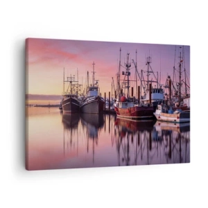 Tablou pe pânză Canvas - Bărci de pescuit în port la apus - 70x50cm - Înainte de o zi plină - Decorațiune modernă pentru perete pentru living și dormitor ARTTOR