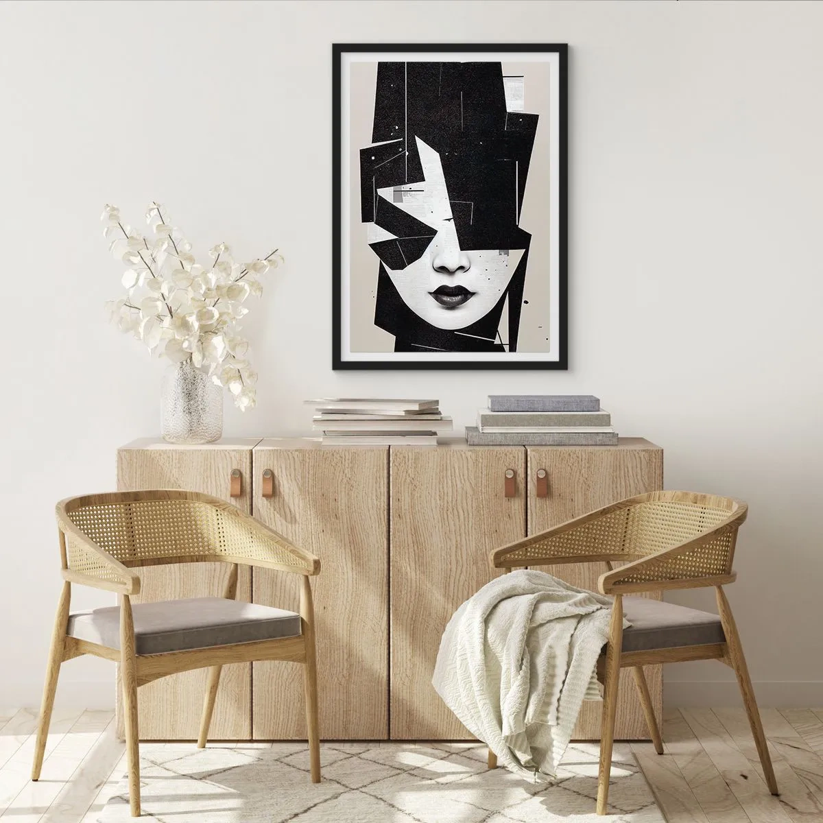 Poster în ramă neagră - Portret abstract al unei femei în alb și negru - 50x70cm - Adânc ascunse - Decorațiune modernă pentru perete pentru living și dormitor ARTTOR