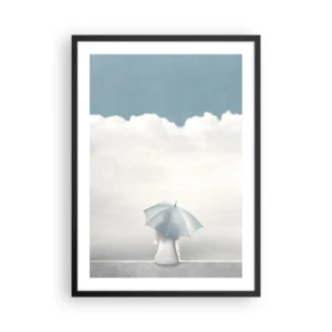 Poster în ramă neagră - O figură cu o umbrelă așezată pe o cornișă printre nori - 50x70cm - La limita dintre realitate și vise - Decorațiune modernă pentru perete pentru living și dormitor ARTTOR