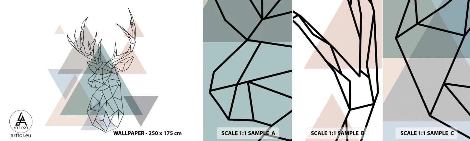 Mostră tapet autocolant Deluxe Sticker - Într-o pădure geometrică - Abstracția, Cerb, Grafică - 100x30 cm