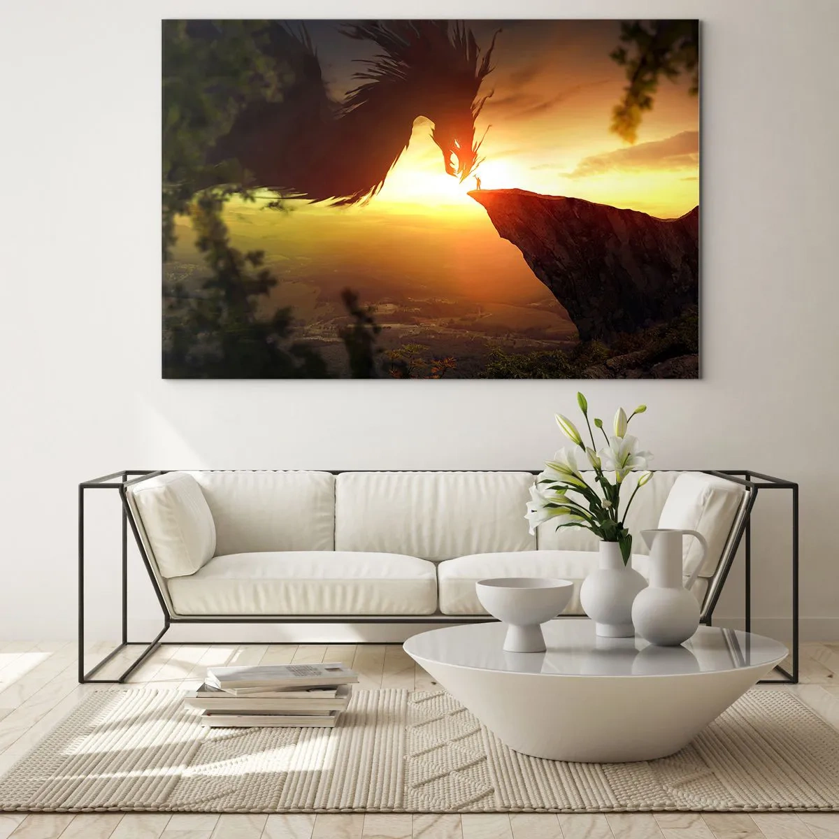 Tablou pe sticlă - Un dragon în strălucirea soarelui care apune peste o stâncă - 70x50cm - Vânător de dragoni - Decorațiune modernă pentru perete pentru living și dormitor ARTTOR