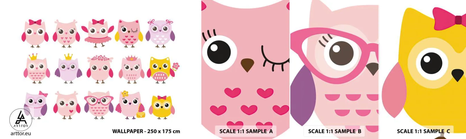 Mostră de Tapet Standard Eco - Una mai dulce decât cealaltă - Păsări, Bufniţă, Pentru copii - 100x30 cm