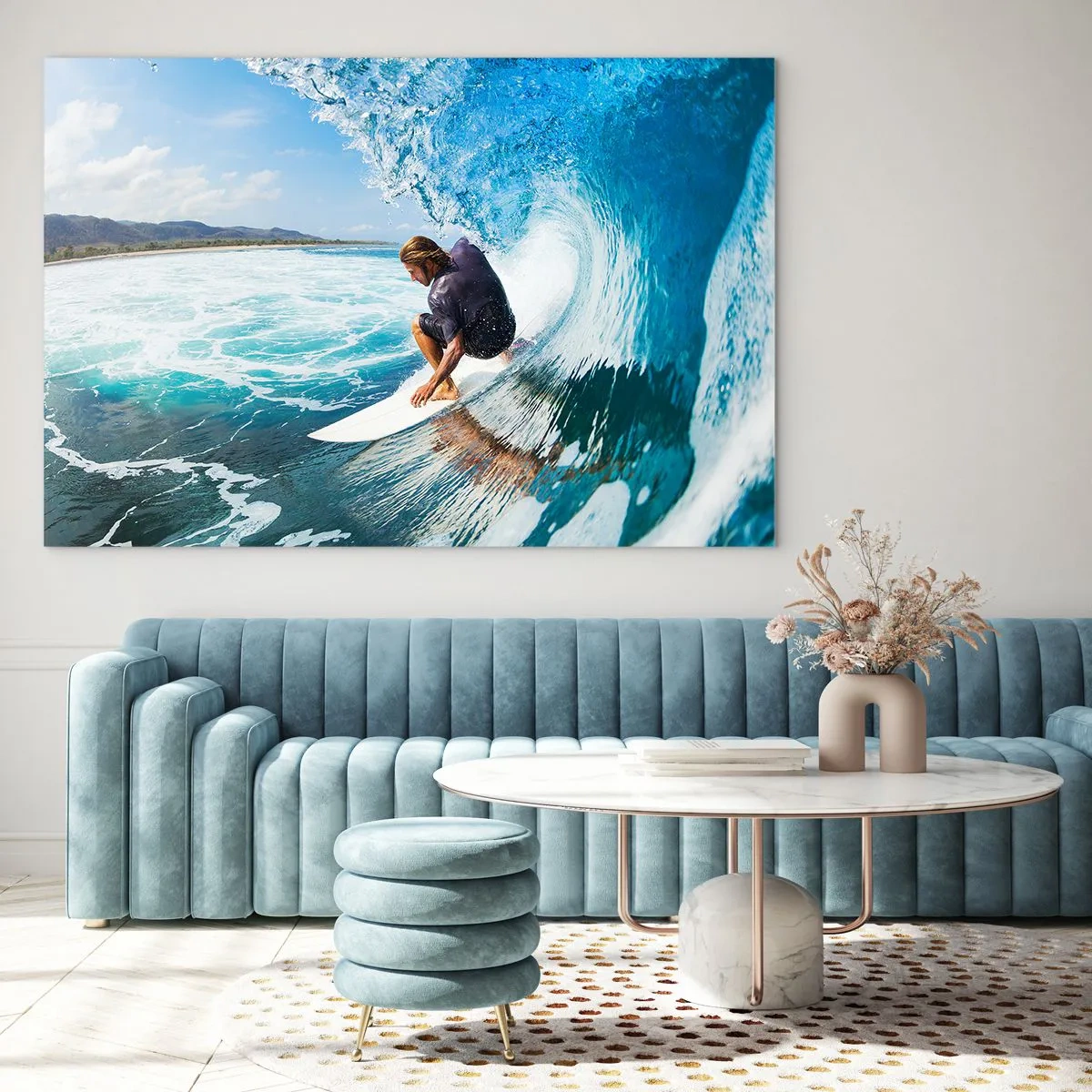 Tablou pe sticlă - Surfer într-un tunel acvatic cu oceanul în fundal - 70x50cm - Dansând cu valurile - Decorațiune modernă pentru perete pentru living și dormitor ARTTOR