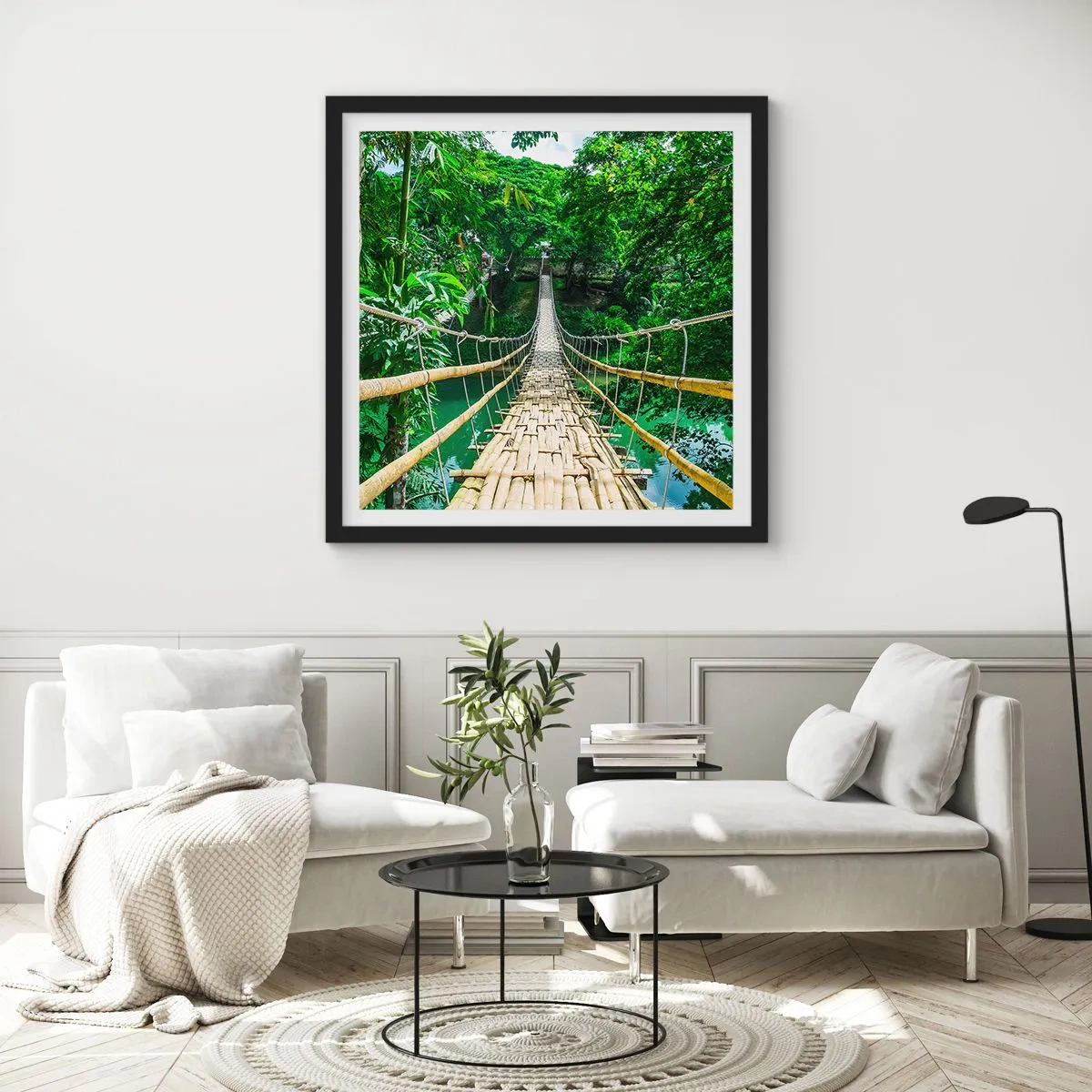 Poster în ramă neagră - Pod de maimuțe peste verdeață - 30x30 cm