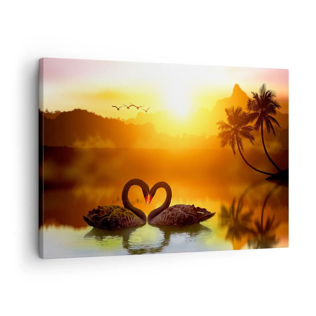 Tablou pe pânză Canvas - Două lebede negre formând o inimă pe fundalul unui apus de soare pe un lac - 70x50cm - Fiecare cu pereche - Decorațiune modernă pentru perete pentru living și dormitor ARTTOR