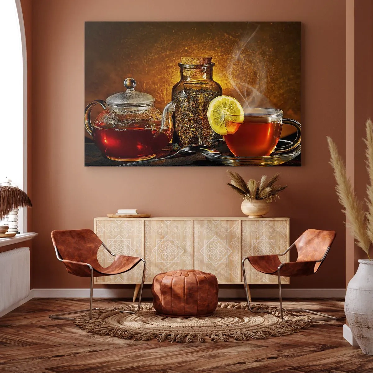 Tablou pe pânză Canvas - Ceai într-un ulcior de sticlă cu lămâie și ceai vrac - 70x50cm - În stilul maeștrilor olandezi - Decorațiune modernă pentru perete pentru living și dormitor ARTTOR