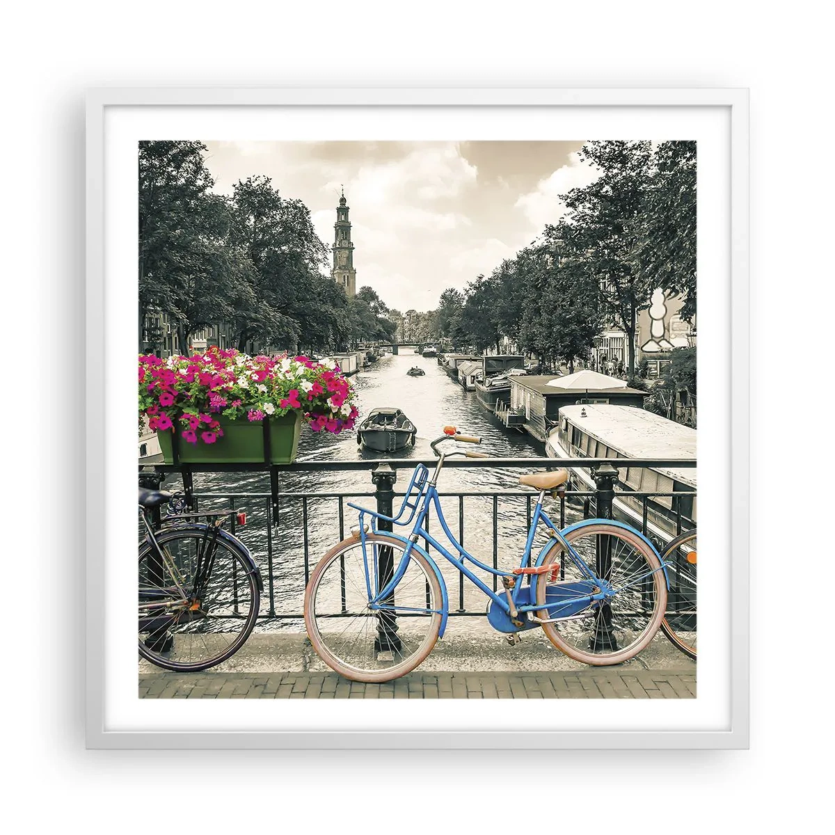 Poster în ramă albă - Culorile unui canal din Amsterdam - 60x60 cm