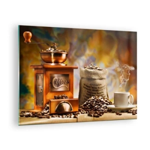 Tablou pe sticlă - Râșniță de cafea, boabe și o ceașcă pe o masă de lemn - 70x50cm - Zdrăngănitul boabelor, zgomotul morii - Decorațiune modernă pentru perete pentru living și dormitor ARTTOR