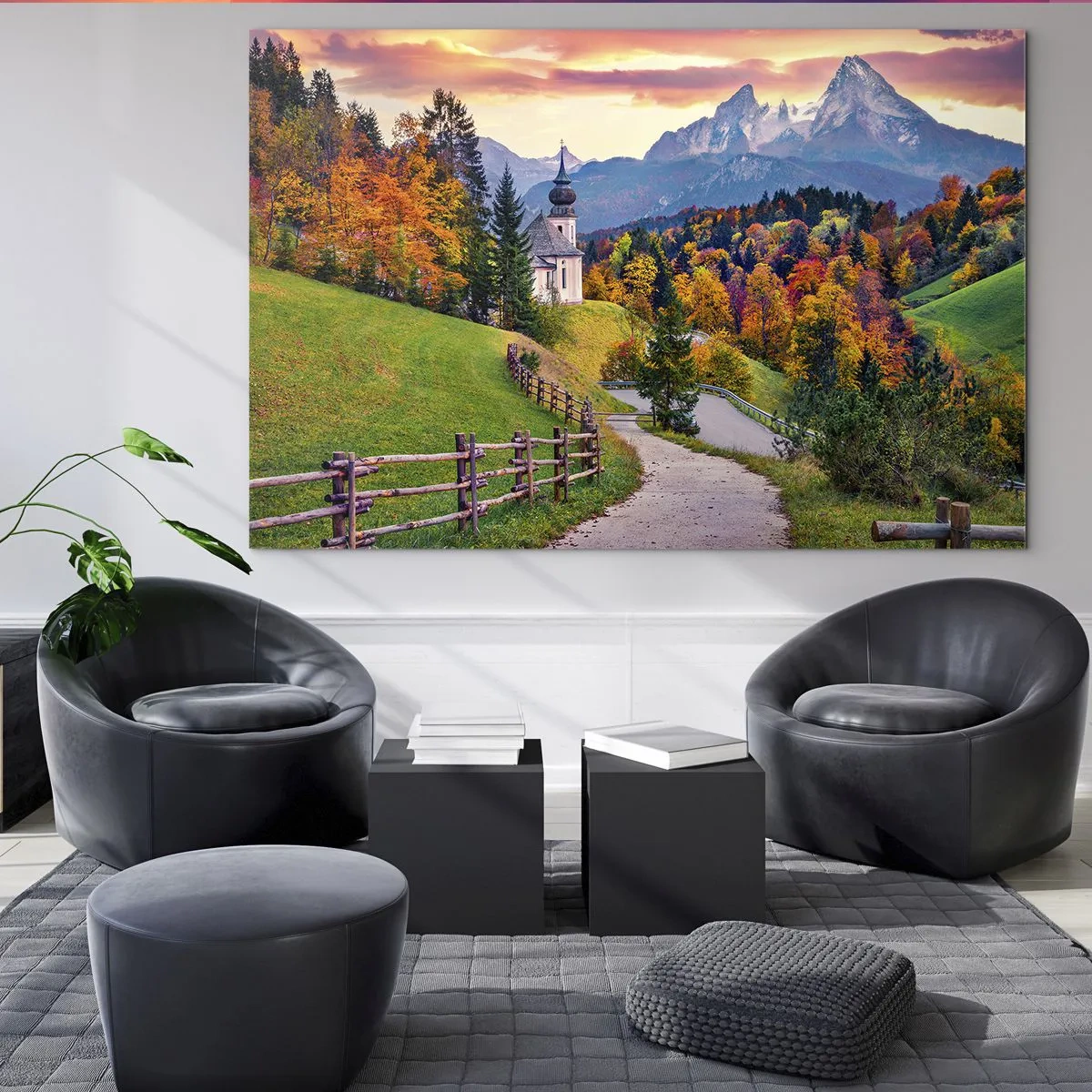Tablou pe sticlă - Peisaj montan de toamnă cu o biserică și un drum care duce printre dealuri - 70x50cm - Un peisaj ca o pictură - Decorațiune modernă pentru perete pentru living și dormitor ARTTOR