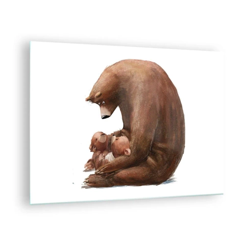 Tablou pe sticlă - O ursoaică îmbrățișează doi pui de urs - 70x50cm - Vise plăcute, copii - Decorațiune modernă pentru perete pentru living și dormitor ARTTOR