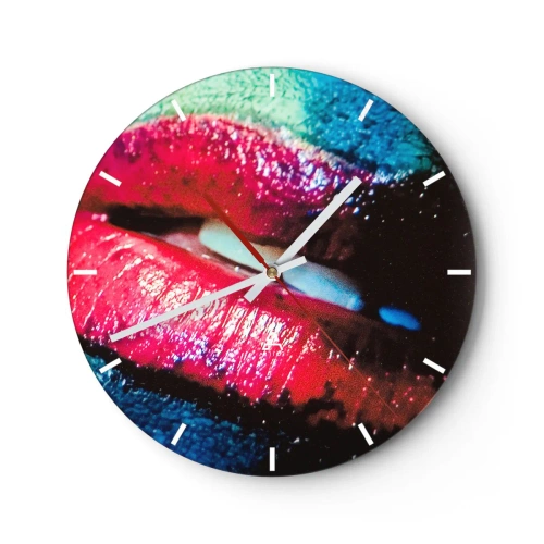 Ceas de perete - Ceas pe sticlă - Prim-plan artistic al buzelor cu culori intense - 30x30cm - Senzual și tulburător - Decorațiune modernă pentru perete pentru living, bucătărie și dormitor ARTTOR