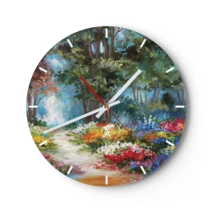 Ceas de perete - Ceas pe sticlă - O grădină colorată cu flori și copaci în fundal - 30x30cm - Grădină de pădure, pădure de flori - Decorațiune modernă pentru perete pentru living, bucătărie și dormitor ARTTOR