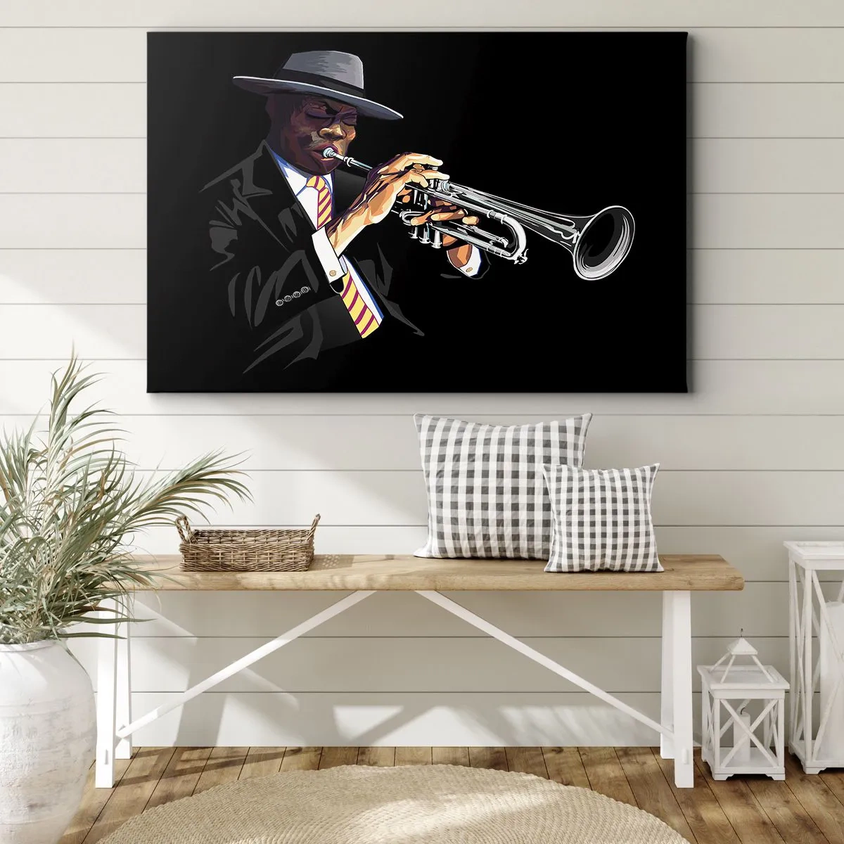 Tablou pe pânză Canvas - Un muzician cântând la trompetă pe un fundal negru - 70x50cm - Farmecul unei școli vechi - Decorațiune modernă pentru perete pentru living și dormitor ARTTOR