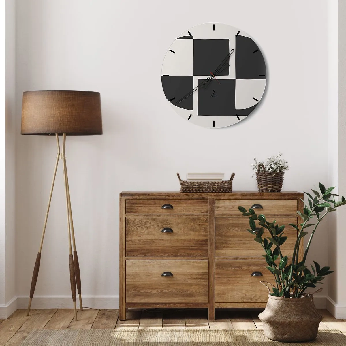 Ceas de perete - Ceas pe sticlă - Compoziție geometrică în alb și negru - 30x30cm - Antiteză - sinteză - Decorațiune modernă pentru perete pentru living, bucătărie și dormitor ARTTOR