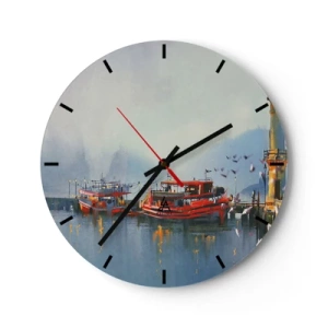 Ceas de perete - Ceas pe sticlă - Un port cu bărci roșii pe ape calme dimineața - 30x30cm - La capătul lumii - Decorațiune modernă pentru perete pentru living, bucătărie și dormitor ARTTOR