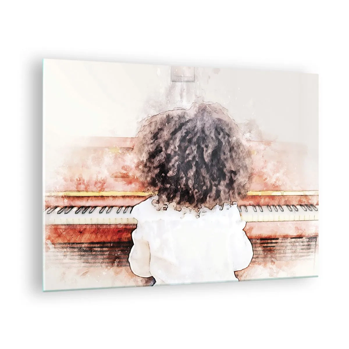 Tablou pe sticlă - Un copil cu părul creț cântând la pian - 70x50cm - Într-o lume a muzicii - Decorațiune modernă pentru perete pentru living și dormitor ARTTOR