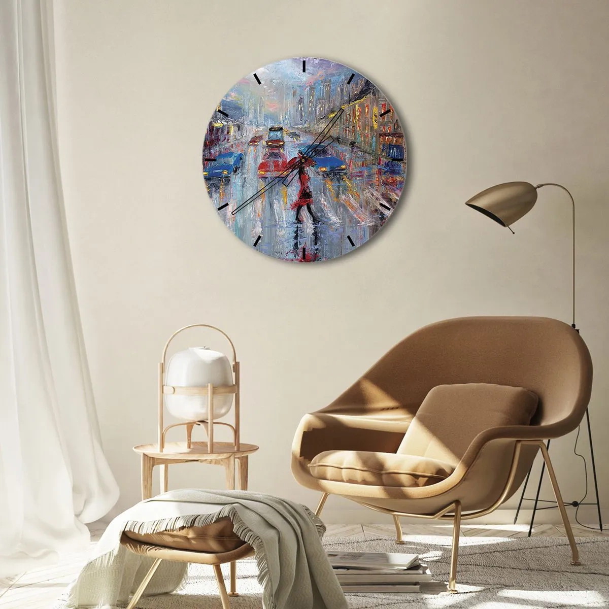 Ceas de perete - Ceas pe sticlă - O după-amiază ploioasă în oraș - 40x40 cm
