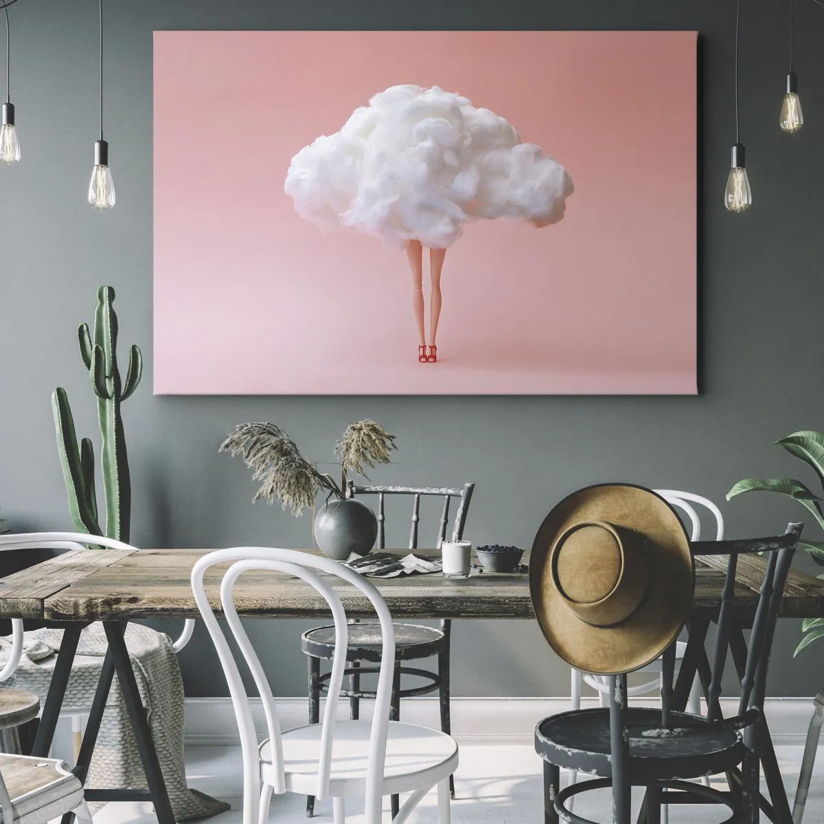 Tablou pe pânză Canvas - Picioare într-un nor pe un fundal roz - 70x50cm - Dulce promisiune - Decorațiune modernă pentru perete pentru living și dormitor ARTTOR