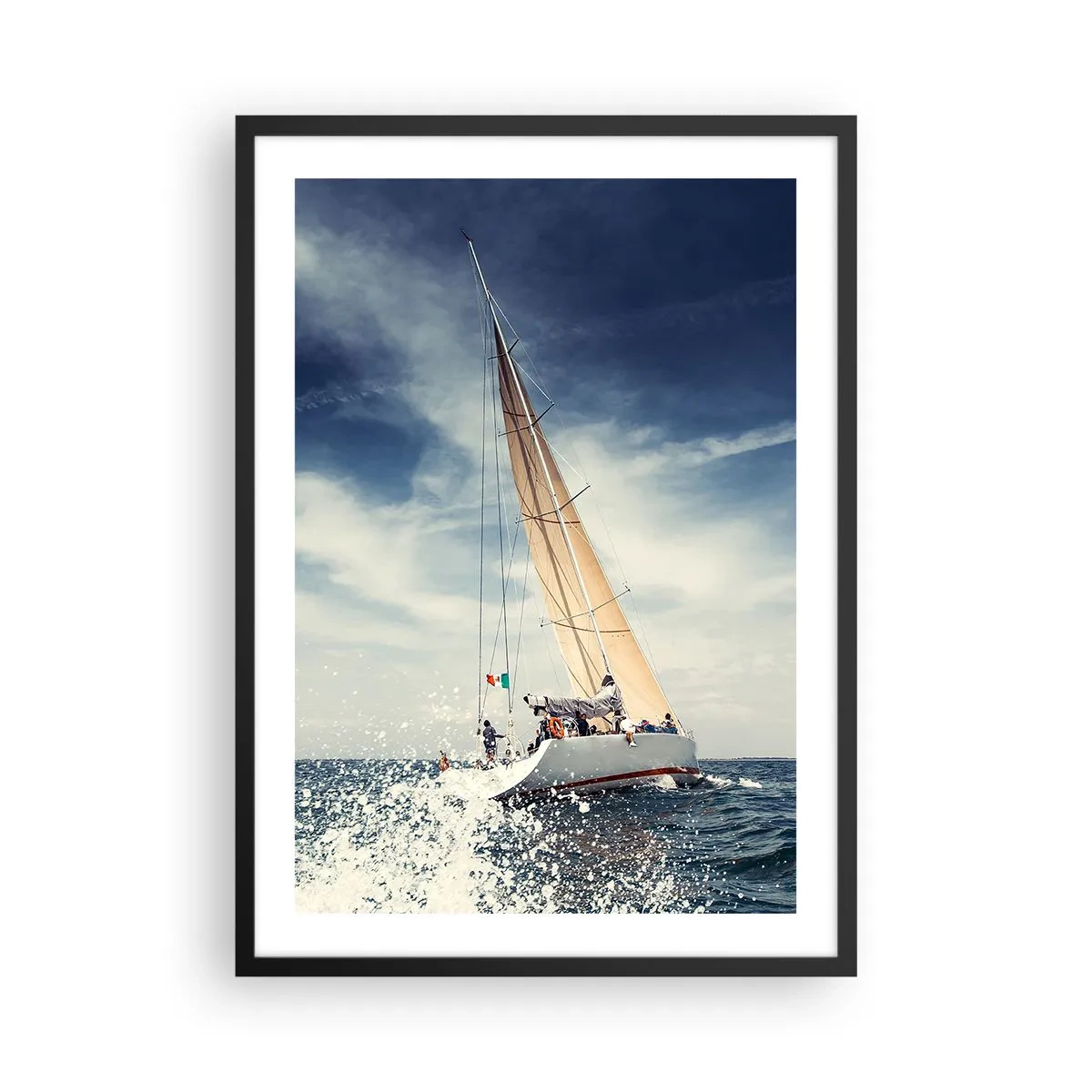 Poster în ramă neagră - O barcă cu pânze în largul mării sub un cer albastru - 50x70cm - Nu ne vor prinde din urmă! - Decorațiune modernă pentru perete pentru living și dormitor ARTTOR
