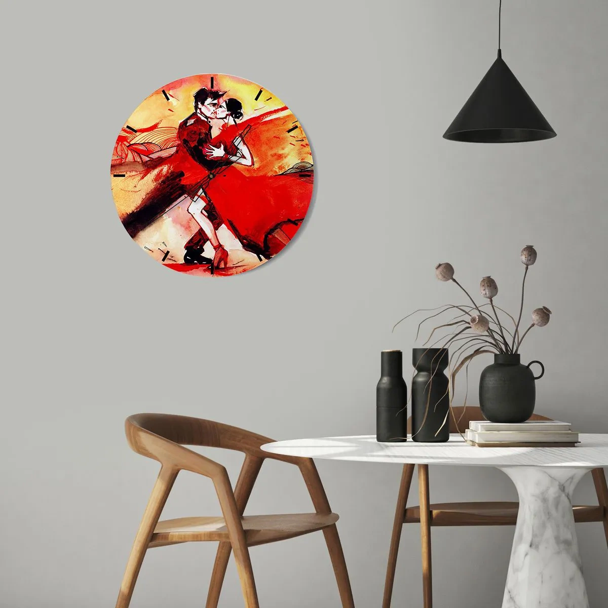 Ceas de perete - Ceas pe sticlă - Un cuplu dansând tango în nuanțe de roșu și auriu - 30x30cm - Ritmul pasiunii purpuriu - Decorațiune modernă pentru perete pentru living, bucătărie și dormitor ARTTOR