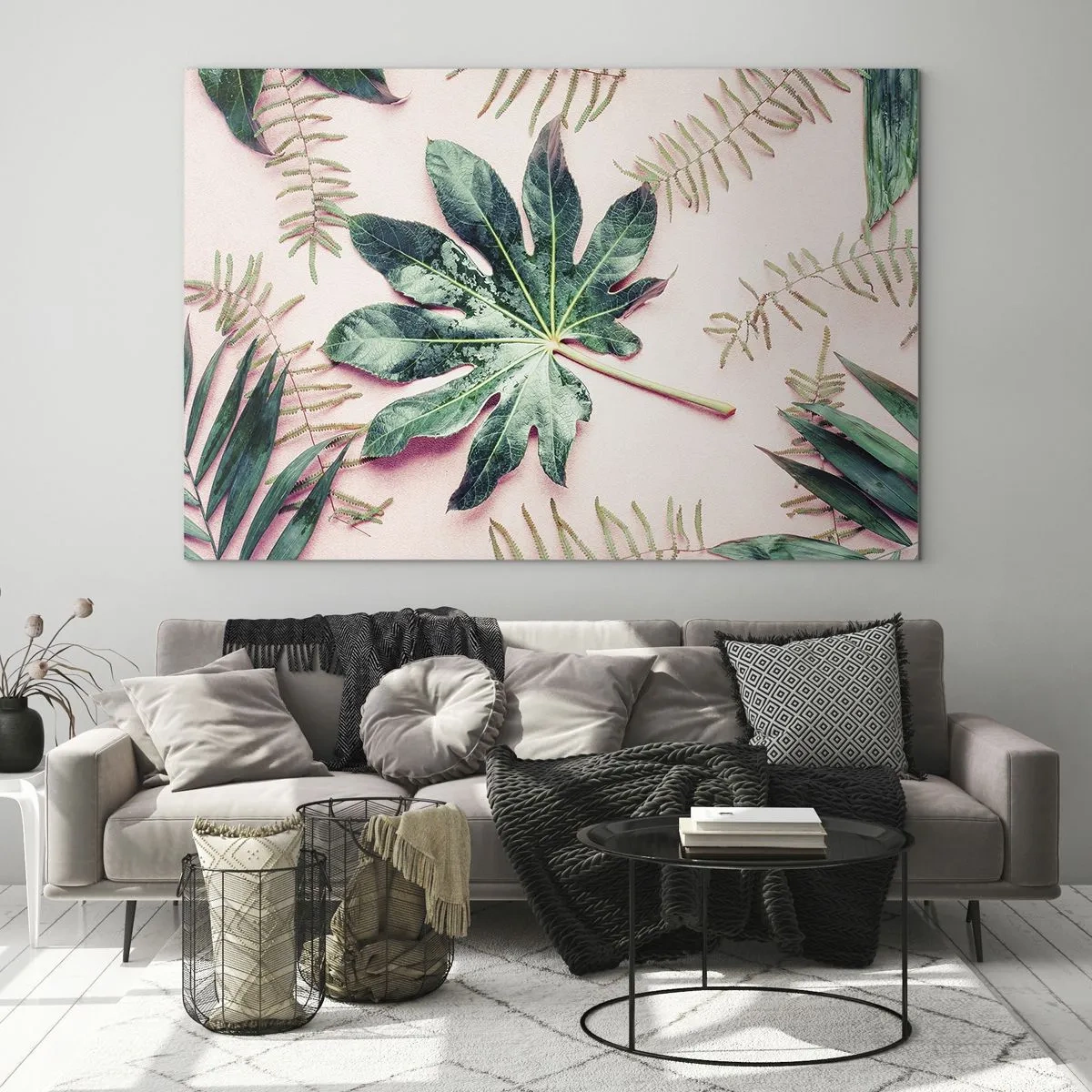 Tablou pe sticlă - Studiu de verdeață pe un fundal roz - 100x70 cm