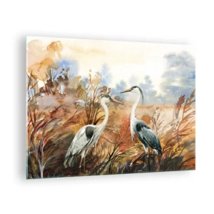 Tablou pe sticlă - Două cocori într-un peisaj de toamnă pictate în acuarelă - 70x50cm - Încotro în toamnă? - Decorațiune modernă pentru perete pentru living și dormitor ARTTOR