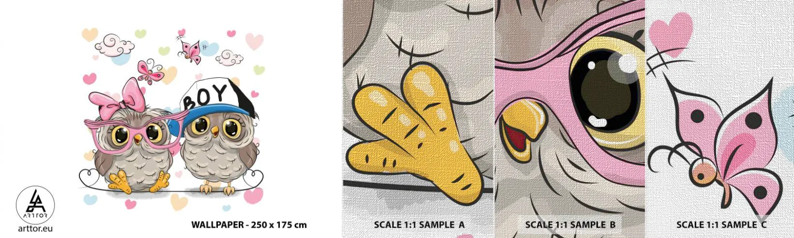 Mostră tapet Premium Canvas - Să ne iubim! - Pentru copii, Bufniţă, Fluture - 100x30 cm