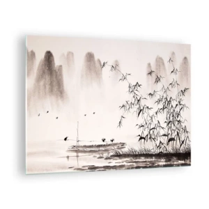 Tablou pe sticlă - O scenă minimalistă cu bambus și o barcă pe un lac. - 70x50cm - Liniștea câmpurilor de orez - Decorațiune modernă pentru perete pentru living și dormitor ARTTOR
