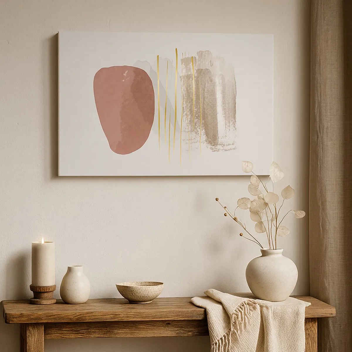 Tablou pe pânză Canvas - Compoziție abstractă în nuanțe de bej și auriu - 70x50cm - Colonadă abstractă - Decorațiune modernă pentru perete pentru living și dormitor ARTTOR