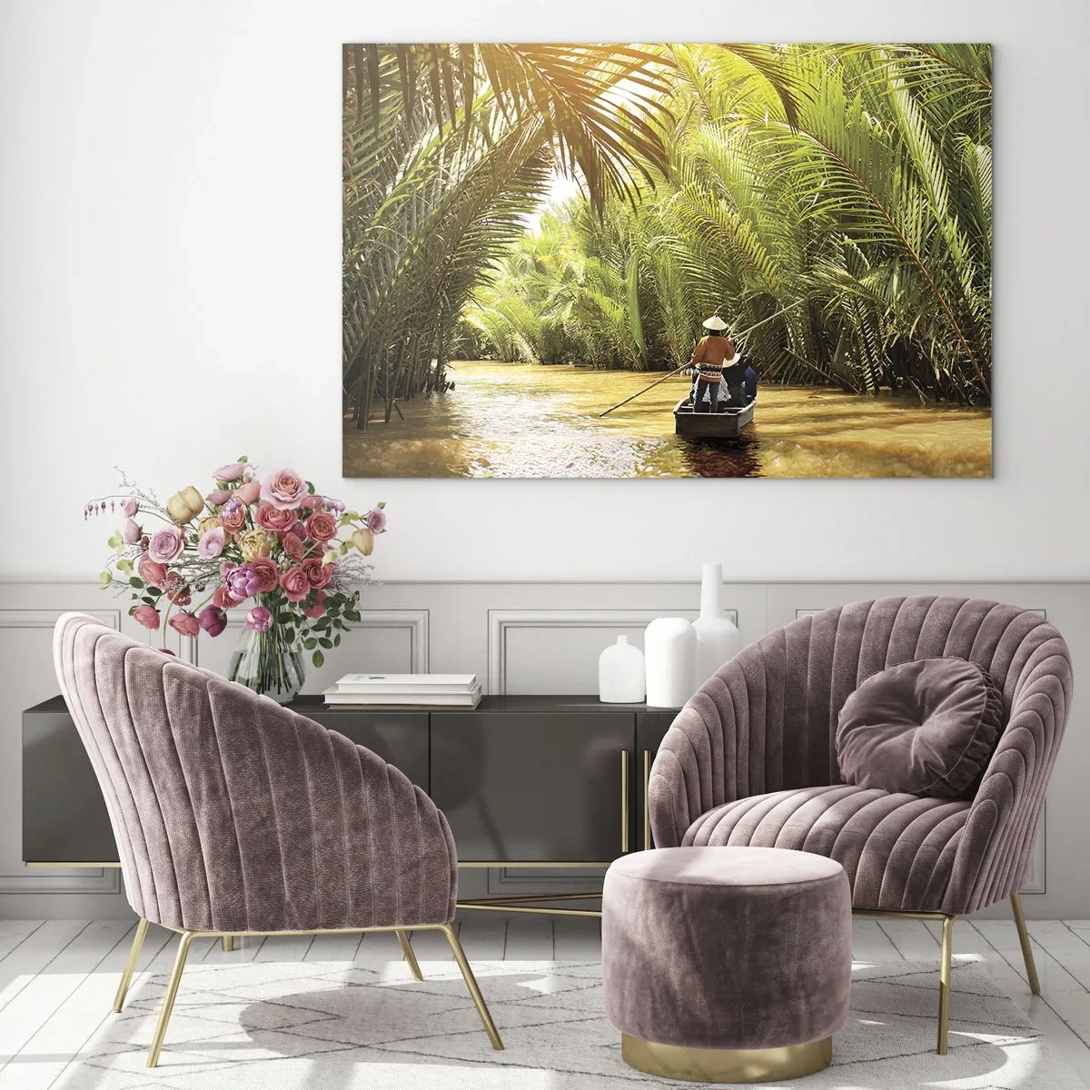Tablou pe sticlă - O barcă cu un bărbat care vâslește navighează printr-un defileu mărginit de palmieri - 70x50cm - Prin cheile din palmieri - Decorațiune modernă pentru perete pentru living și dormitor ARTTOR