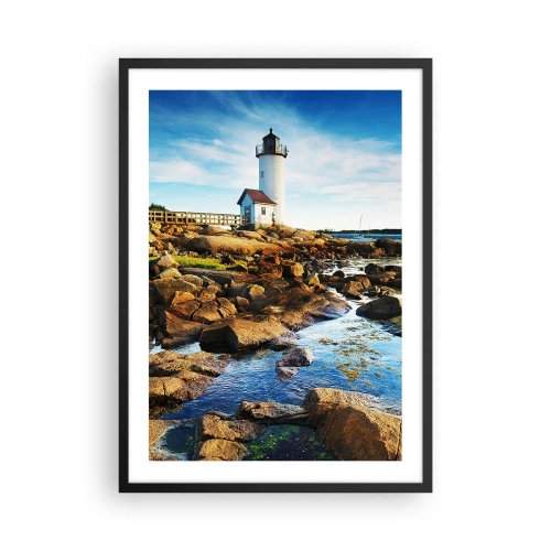 Poster în ramă neagră - Un far pe o coastă stâncoasă într-o zi însorită - 50x70cm - Întoarce-te acasă fericit, te aștept cu nerăbdare - Decorațiune modernă pentru perete pentru living și dormitor ARTTOR