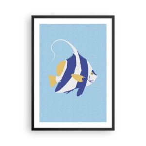 Poster în ramă neagră - O grafică minimalistă a unui pește exotic pe fundal albastru. - 50x70cm - Frumoasa din apele tropicale - Decorațiune modernă pentru perete pentru living și dormitor ARTTOR