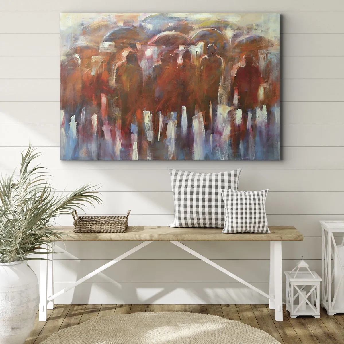 Tablou pe pânză Canvas - O mulțime de oameni cu umbrele într-un decor artistic ploios - 70x50cm - Egali în ploaie și ceață - Decorațiune modernă pentru perete pentru living și dormitor ARTTOR